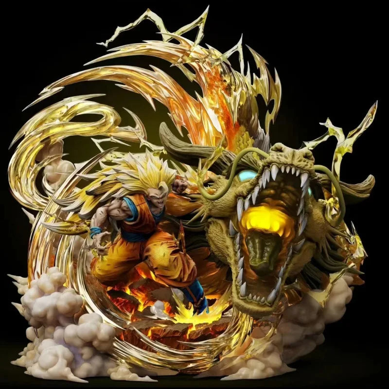 Estátua Dragon Ball - Son Goku Super Saiyan 3 Wrath of the Dragon Shenlong Dourado 28 CM