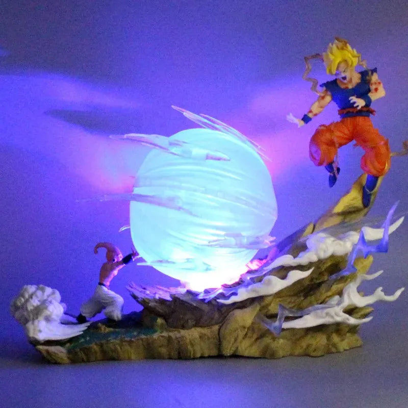 Estátua Dragon Ball - Diorama Goku Super Saiyajin e Kid Boo 22cm (Com LED)